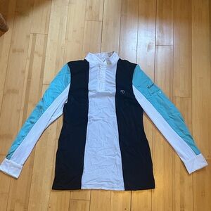 Kathryn Lily Equestrian Black and White Long Sleeve Shirt with Blue Accents.
